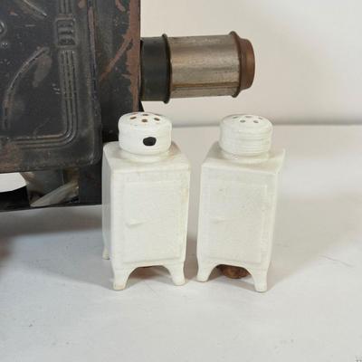 LOT 166K: Miniature Metal Coal Stove w/ Salt & Pepper Shakers and Magic Lantern Slides