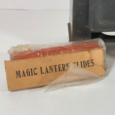 LOT 166K: Miniature Metal Coal Stove w/ Salt & Pepper Shakers and Magic Lantern Slides
