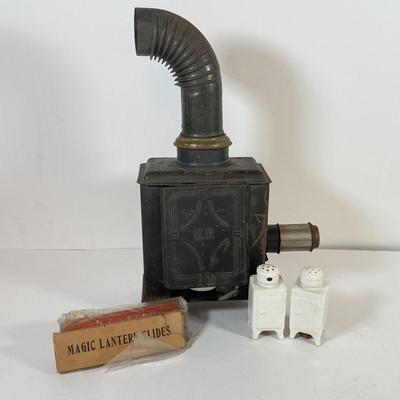 LOT 166K: Miniature Metal Coal Stove w/ Salt & Pepper Shakers and Magic Lantern Slides