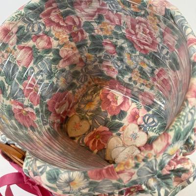 LOT 168L: Floral Lined Pink Ribbon Longaberger Basket Filled w/ Sewing Kits & Vintage Combs