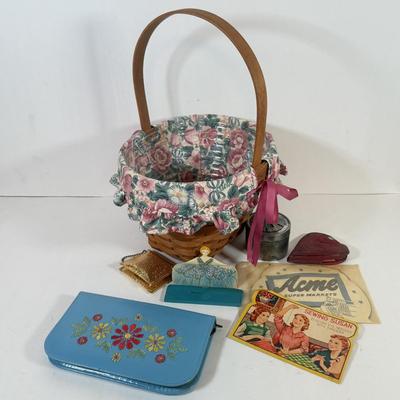 LOT 168L: Floral Lined Pink Ribbon Longaberger Basket Filled w/ Sewing Kits & Vintage Combs