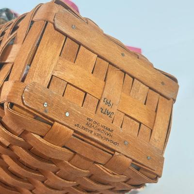 LOT 168L: Floral Lined Pink Ribbon Longaberger Basket Filled w/ Sewing Kits & Vintage Combs