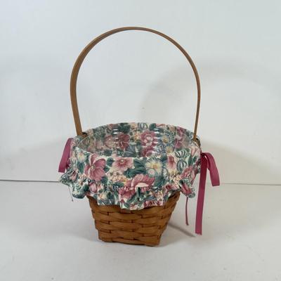 LOT 168L: Floral Lined Pink Ribbon Longaberger Basket Filled w/ Sewing Kits & Vintage Combs