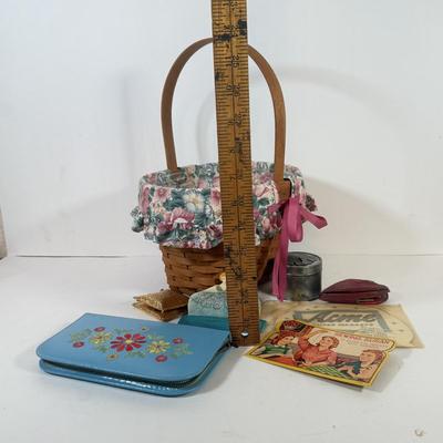 LOT 168L: Floral Lined Pink Ribbon Longaberger Basket Filled w/ Sewing Kits & Vintage Combs