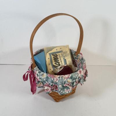 LOT 168L: Floral Lined Pink Ribbon Longaberger Basket Filled w/ Sewing Kits & Vintage Combs