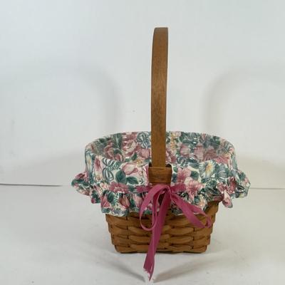 LOT 168L: Floral Lined Pink Ribbon Longaberger Basket Filled w/ Sewing Kits & Vintage Combs