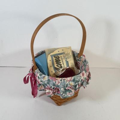 LOT 168L: Floral Lined Pink Ribbon Longaberger Basket Filled w/ Sewing Kits & Vintage Combs