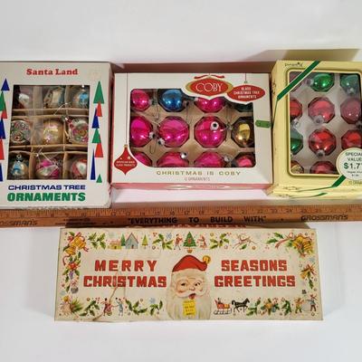 LOT 187L: Vintage Holiday Ball Ornaments by Santa Land, Coby and Rare 'Merry Christmas' Lighting Sign