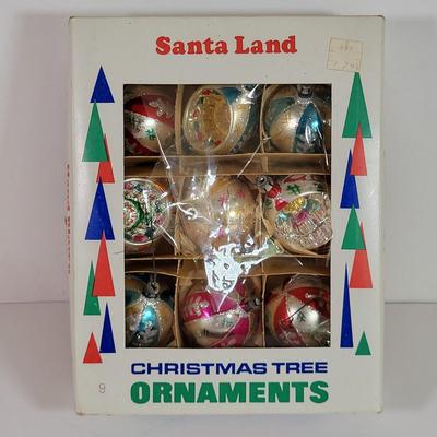 LOT 187L: Vintage Holiday Ball Ornaments by Santa Land, Coby and Rare 'Merry Christmas' Lighting Sign