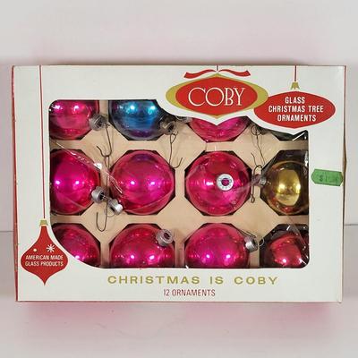 LOT 187L: Vintage Holiday Ball Ornaments by Santa Land, Coby and Rare 'Merry Christmas' Lighting Sign