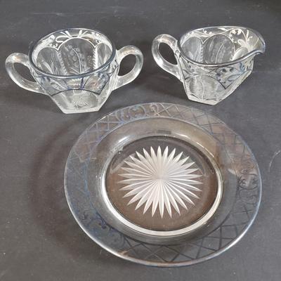 LOT 200L: Silver Overlay Lily of the Valley Set, EAPG Molasses Pourer, ABP Mustard Jar & More