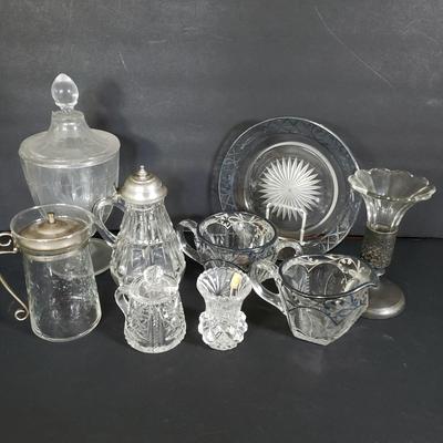 LOT 200L: Silver Overlay Lily of the Valley Set, EAPG Molasses Pourer, ABP Mustard Jar & More