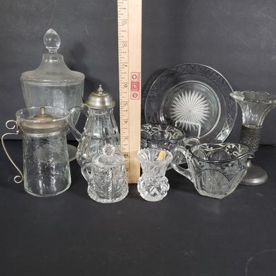 LOT 200L: Silver Overlay Lily of the Valley Set, EAPG Molasses Pourer, ABP Mustard Jar & More