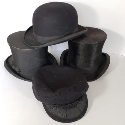 LOT 214L: Antique Collapsible Young Bros Top Hat, Dunlap & Co, Penn Craft Bowler Hat, Greek Fishermans Cap