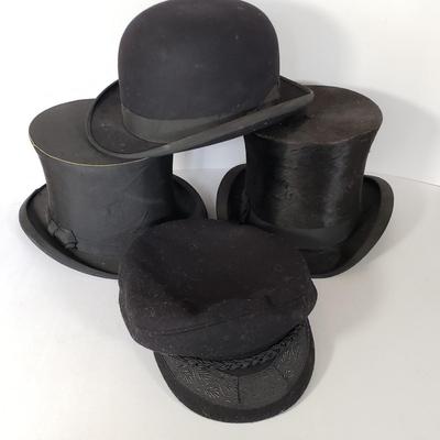 LOT 214L: Antique Collapsible Young Bros Top Hat, Dunlap & Co, Penn Craft Bowler Hat, Greek Fishermans Cap