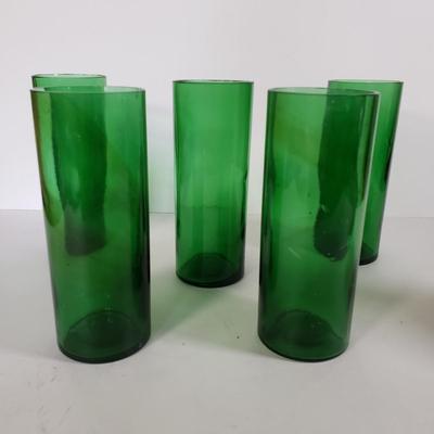 LOT 217L: Vintage Hand Blown Glass Vase & Set of 5 Green Glass Vases