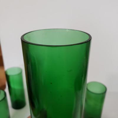 LOT 217L: Vintage Hand Blown Glass Vase & Set of 5 Green Glass Vases