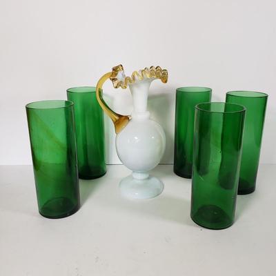 LOT 217L: Vintage Hand Blown Glass Vase & Set of 5 Green Glass Vases