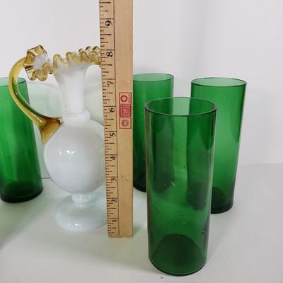 LOT 217L: Vintage Hand Blown Glass Vase & Set of 5 Green Glass Vases