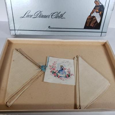 LOT 218L: Antique Quaker Lace Dinner Cloth Tablecloth in Original Box & Doilies