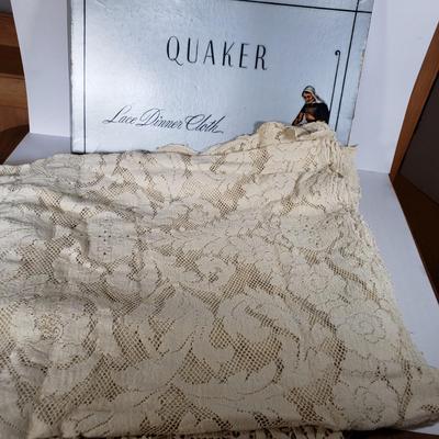 LOT 218L: Antique Quaker Lace Dinner Cloth Tablecloth in Original Box & Doilies