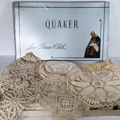 LOT 218L: Antique Quaker Lace Dinner Cloth Tablecloth in Original Box & Doilies
