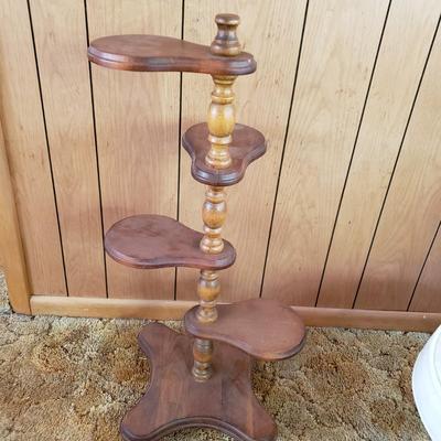 LOT 220P: Tiered Wooden Adjustable Plant Stand, MCM Style Footrest, 3D Cat Wastebasket