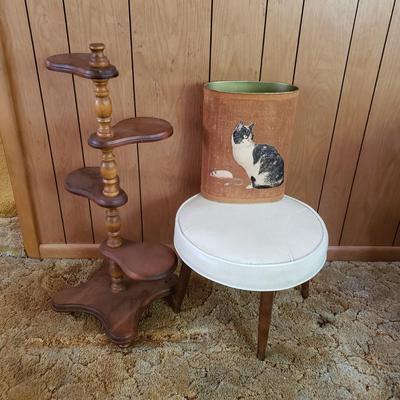 LOT 220P: Tiered Wooden Adjustable Plant Stand, MCM Style Footrest, 3D Cat Wastebasket