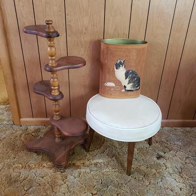 LOT 220P: Tiered Wooden Adjustable Plant Stand, MCM Style Footrest, 3D Cat Wastebasket