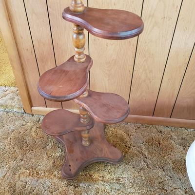 LOT 220P: Tiered Wooden Adjustable Plant Stand, MCM Style Footrest, 3D Cat Wastebasket