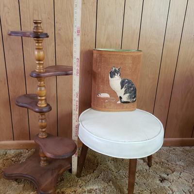 LOT 220P: Tiered Wooden Adjustable Plant Stand, MCM Style Footrest, 3D Cat Wastebasket