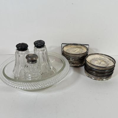 LOT 222L: Sterling Silver Capped Spive Shakers, Glass Coasters w/ Sterling Silver Rims & More