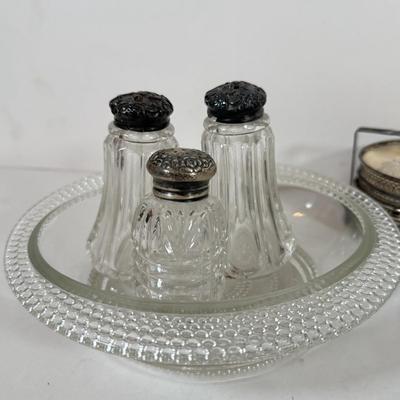 LOT 222L: Sterling Silver Capped Spive Shakers, Glass Coasters w/ Sterling Silver Rims & More
