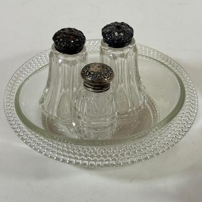 LOT 222L: Sterling Silver Capped Spive Shakers, Glass Coasters w/ Sterling Silver Rims & More