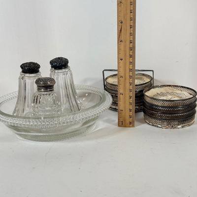 LOT 222L: Sterling Silver Capped Spive Shakers, Glass Coasters w/ Sterling Silver Rims & More