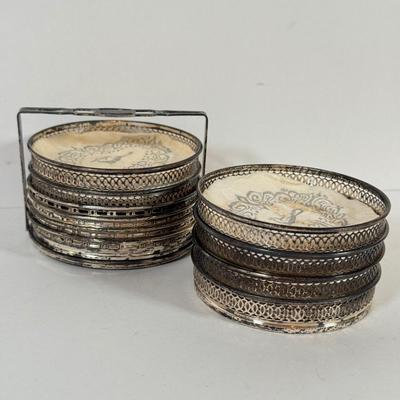 LOT 222L: Sterling Silver Capped Spive Shakers, Glass Coasters w/ Sterling Silver Rims & More