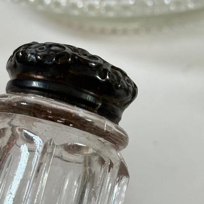 LOT 222L: Sterling Silver Capped Spive Shakers, Glass Coasters w/ Sterling Silver Rims & More