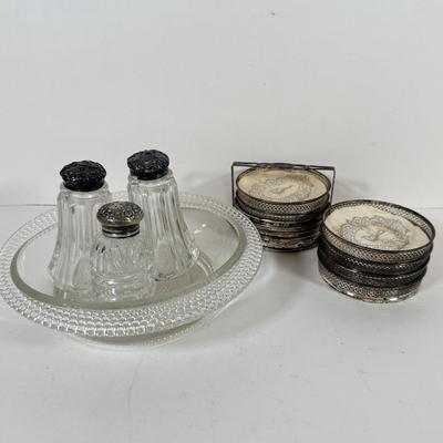 LOT 222L: Sterling Silver Capped Spive Shakers, Glass Coasters w/ Sterling Silver Rims & More