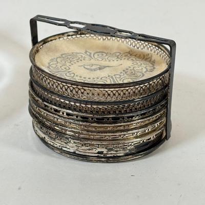 LOT 222L: Sterling Silver Capped Spive Shakers, Glass Coasters w/ Sterling Silver Rims & More