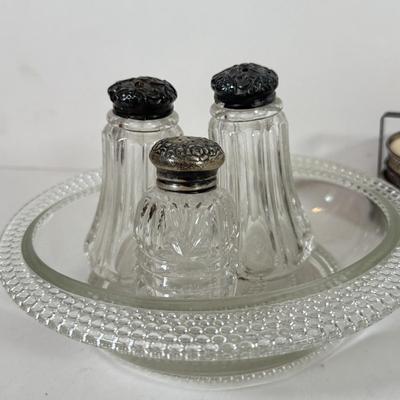 LOT 222L: Sterling Silver Capped Spive Shakers, Glass Coasters w/ Sterling Silver Rims & More
