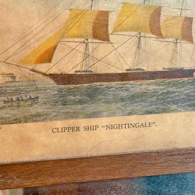 LOT 227X: Vintage Wall Decor: Cross Stitch, Flower Print & Ship Mirror