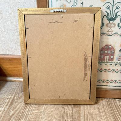 LOT 227X: Vintage Wall Decor: Cross Stitch, Flower Print & Ship Mirror