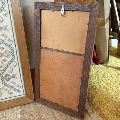 LOT 227X: Vintage Wall Decor: Cross Stitch, Flower Print & Ship Mirror