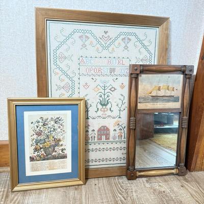 LOT 227X: Vintage Wall Decor: Cross Stitch, Flower Print & Ship Mirror