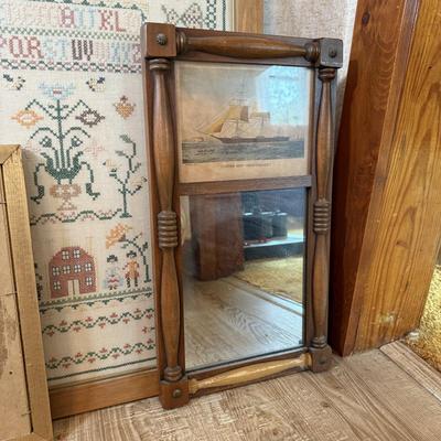 LOT 227X: Vintage Wall Decor: Cross Stitch, Flower Print & Ship Mirror