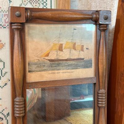 LOT 227X: Vintage Wall Decor: Cross Stitch, Flower Print & Ship Mirror