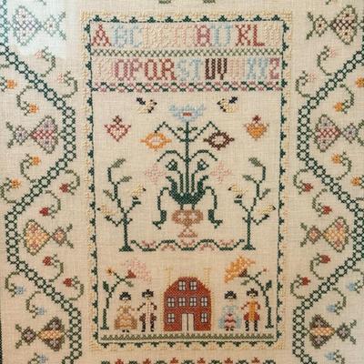 LOT 227X: Vintage Wall Decor: Cross Stitch, Flower Print & Ship Mirror