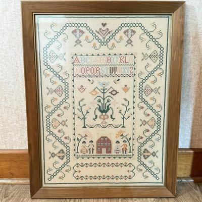 LOT 227X: Vintage Wall Decor: Cross Stitch, Flower Print & Ship Mirror