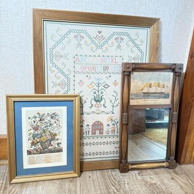 LOT 227X: Vintage Wall Decor: Cross Stitch, Flower Print & Ship Mirror