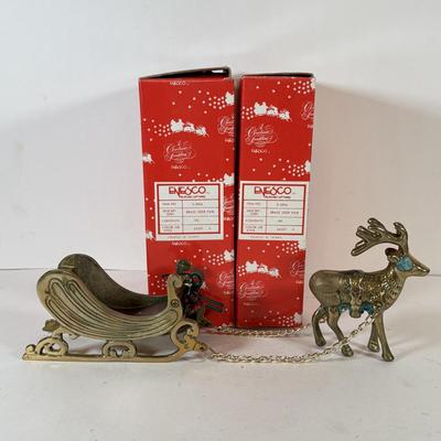 LOT 228: Enesco Brass Reindeer in Box & Brass Deer w/ Sled